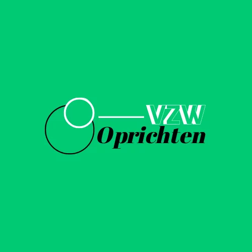 Groene achtergrond met een logo met een cirkel en de tekst "VZW Oprichten" in contrasterende kleuren.